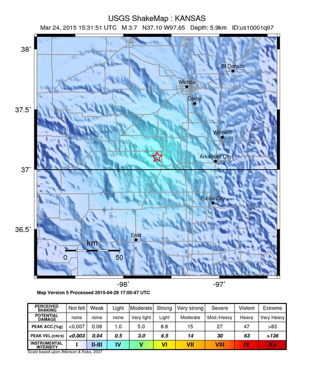 USGS ShakeMap: estimated shaking intensity around the epicenter