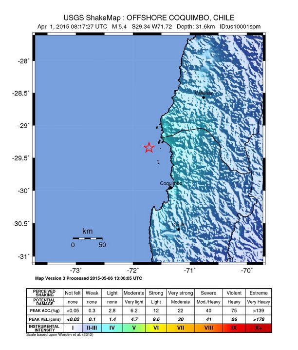 USGS ShakeMap: estimated shaking intensity around the epicenter