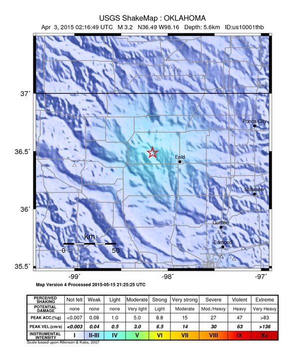 USGS ShakeMap: estimated shaking intensity around the epicenter