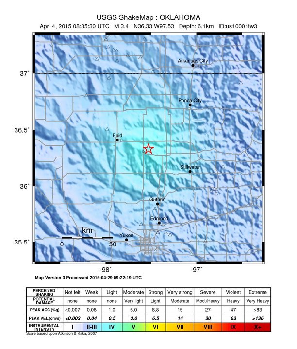 USGS ShakeMap: estimated shaking intensity around the epicenter