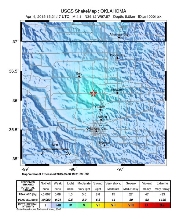 USGS ShakeMap: estimated shaking intensity around the epicenter