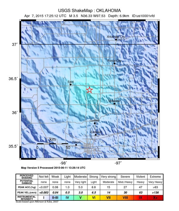 USGS ShakeMap: estimated shaking intensity around the epicenter