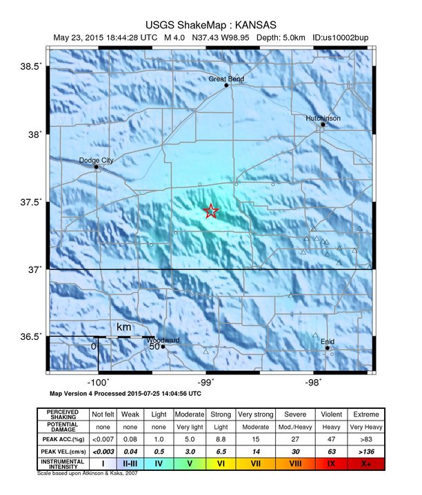 USGS ShakeMap: estimated shaking intensity around the epicenter