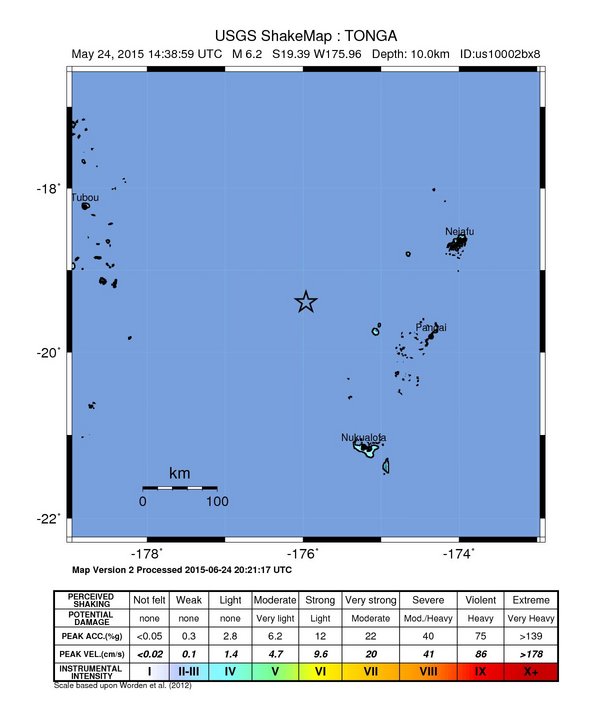 USGS ShakeMap: estimated shaking intensity around the epicenter