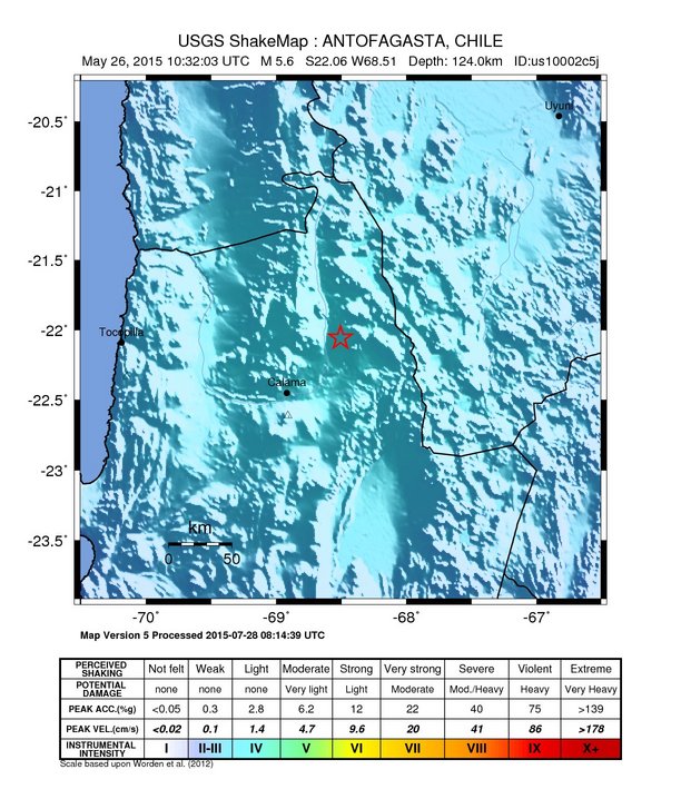 USGS ShakeMap: estimated shaking intensity around the epicenter