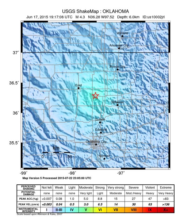 USGS ShakeMap: estimated shaking intensity around the epicenter