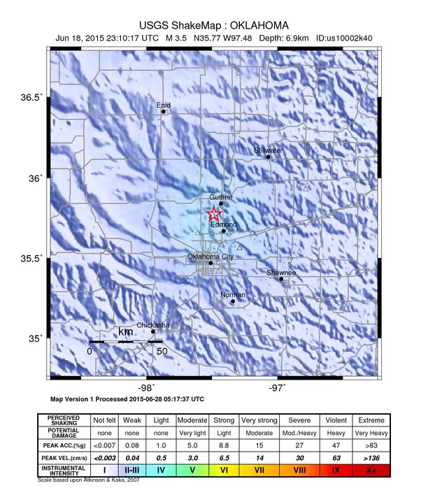 USGS ShakeMap: estimated shaking intensity around the epicenter