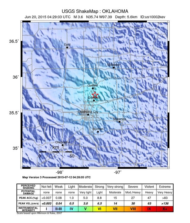 USGS ShakeMap: estimated shaking intensity around the epicenter