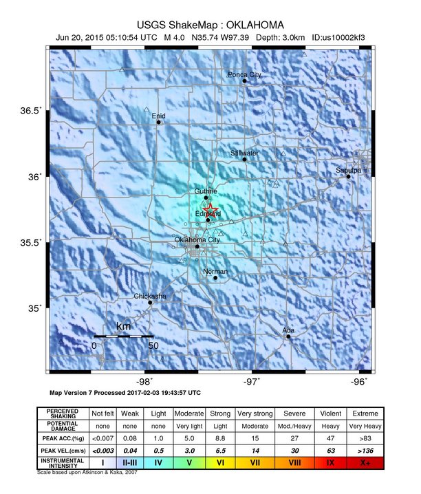 USGS ShakeMap: estimated shaking intensity around the epicenter