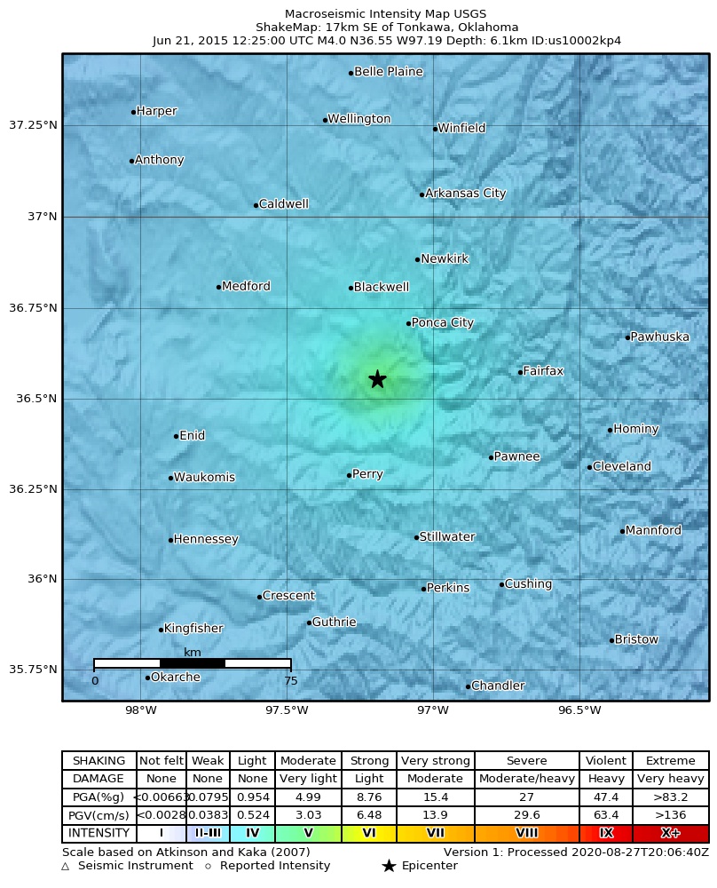 USGS ShakeMap: estimated shaking intensity around the epicenter