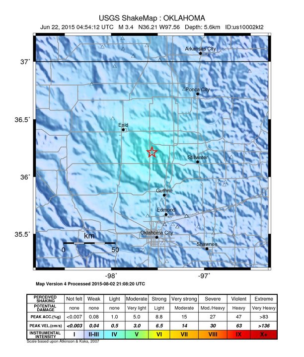 USGS ShakeMap: estimated shaking intensity around the epicenter