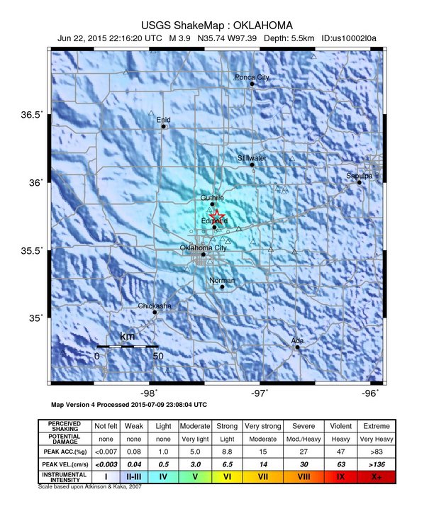 USGS ShakeMap: estimated shaking intensity around the epicenter