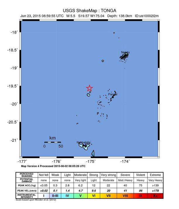 USGS ShakeMap: estimated shaking intensity around the epicenter