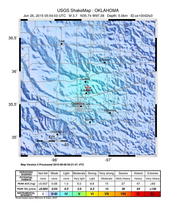 USGS ShakeMap: estimated shaking intensity around the epicenter