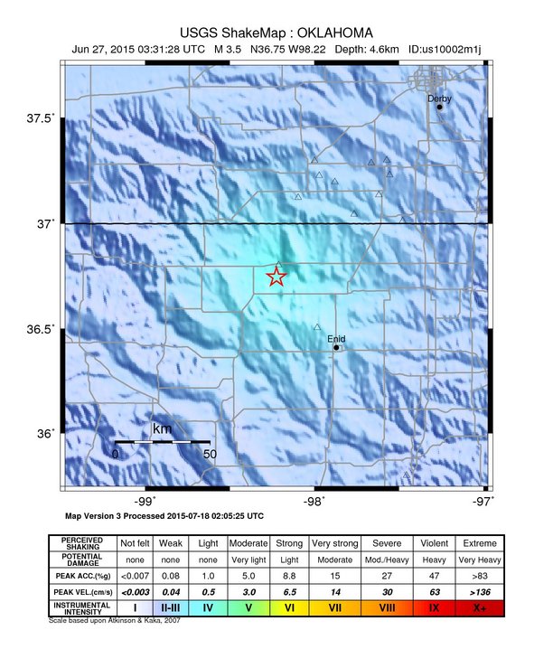 USGS ShakeMap: estimated shaking intensity around the epicenter