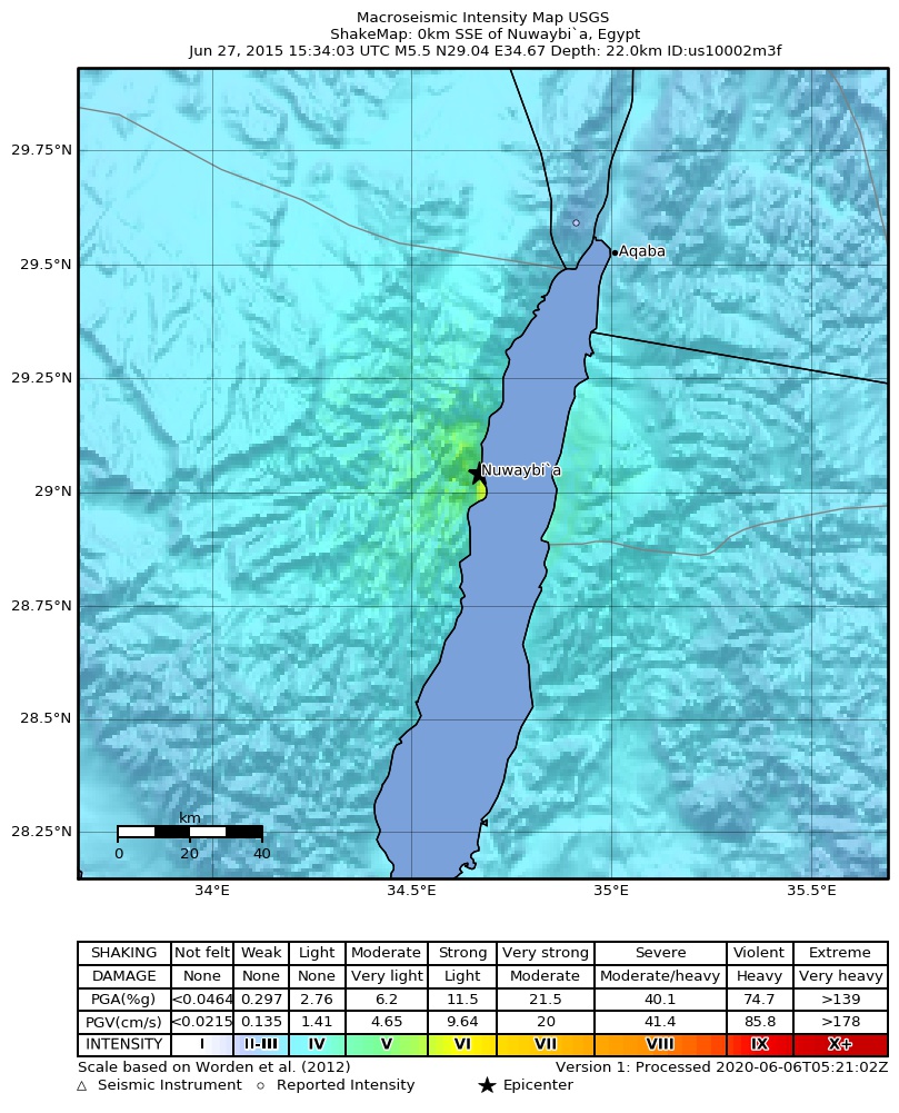 USGS ShakeMap: estimated shaking intensity around the epicenter