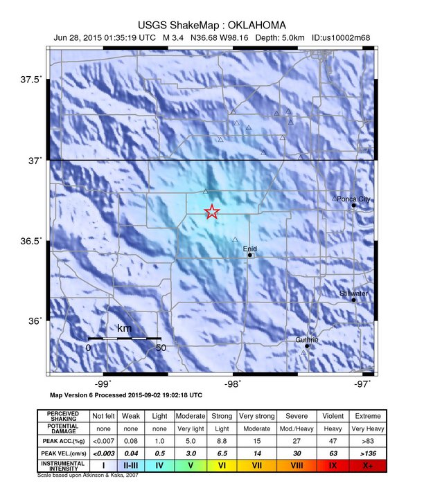 USGS ShakeMap: estimated shaking intensity around the epicenter