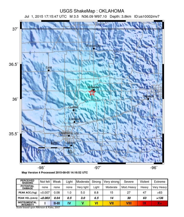 USGS ShakeMap: estimated shaking intensity around the epicenter