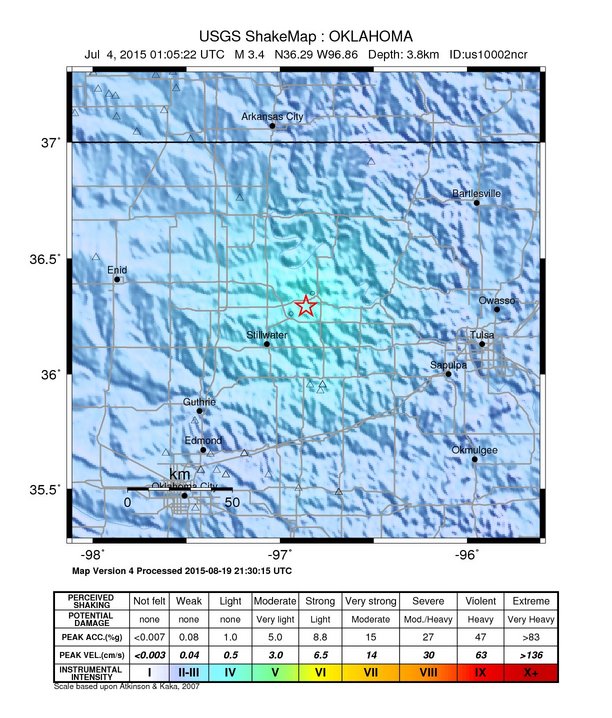 USGS ShakeMap: estimated shaking intensity around the epicenter