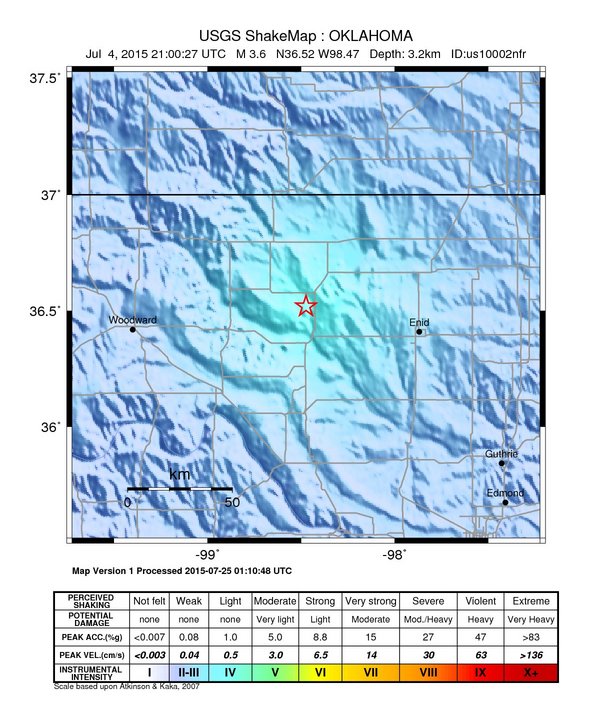USGS ShakeMap: estimated shaking intensity around the epicenter