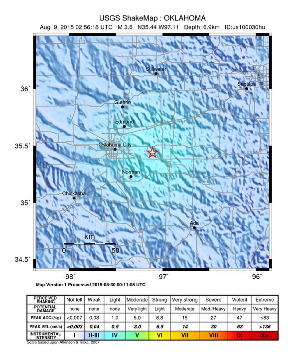 USGS ShakeMap: estimated shaking intensity around the epicenter