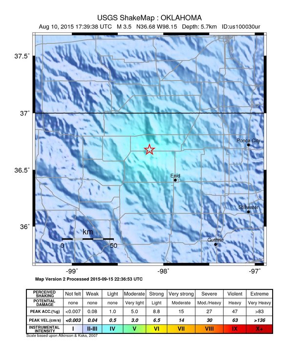 USGS ShakeMap: estimated shaking intensity around the epicenter
