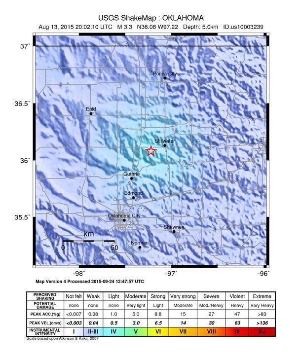USGS ShakeMap: estimated shaking intensity around the epicenter