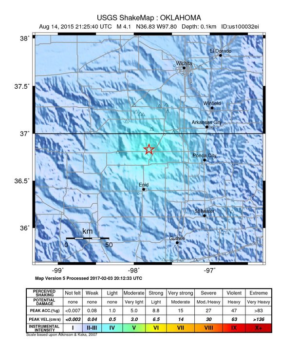 USGS ShakeMap: estimated shaking intensity around the epicenter