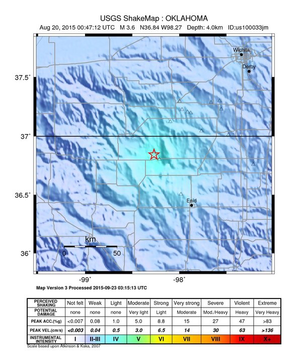 USGS ShakeMap: estimated shaking intensity around the epicenter