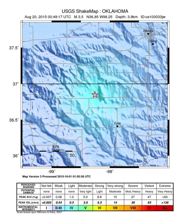 USGS ShakeMap: estimated shaking intensity around the epicenter