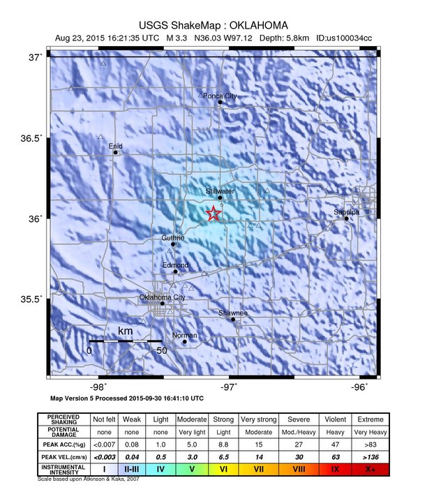 USGS ShakeMap: estimated shaking intensity around the epicenter