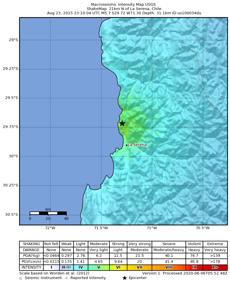 USGS ShakeMap: estimated shaking intensity around the epicenter