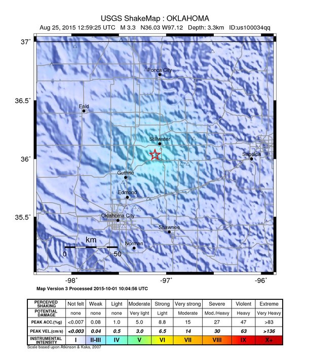 USGS ShakeMap: estimated shaking intensity around the epicenter