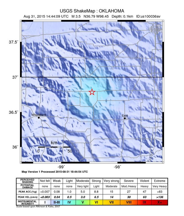 USGS ShakeMap: estimated shaking intensity around the epicenter