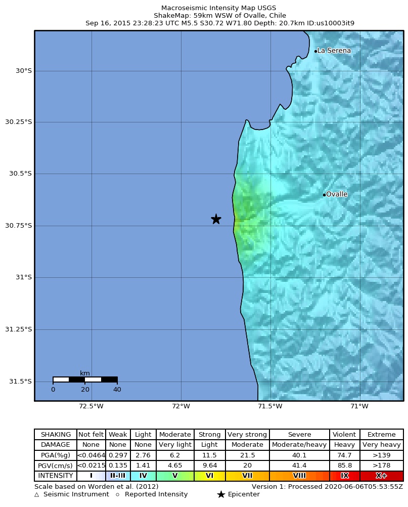 USGS ShakeMap: estimated shaking intensity around the epicenter