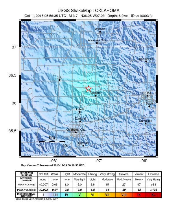 USGS ShakeMap: estimated shaking intensity around the epicenter