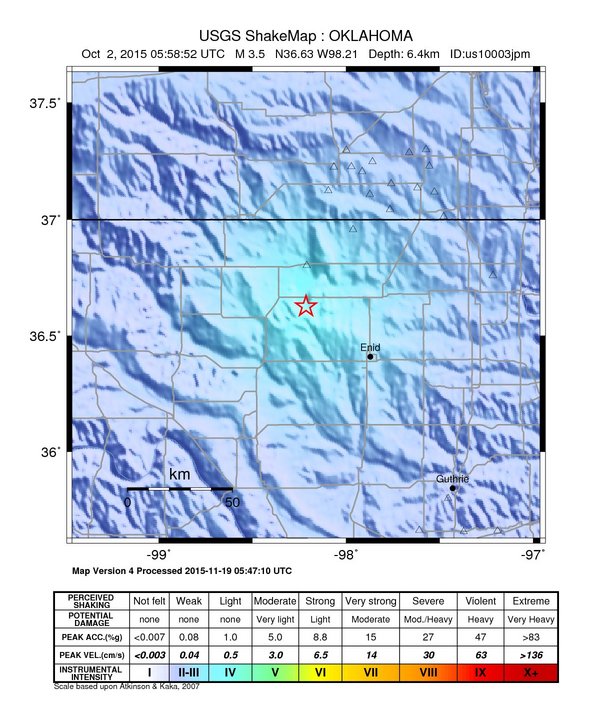 USGS ShakeMap: estimated shaking intensity around the epicenter