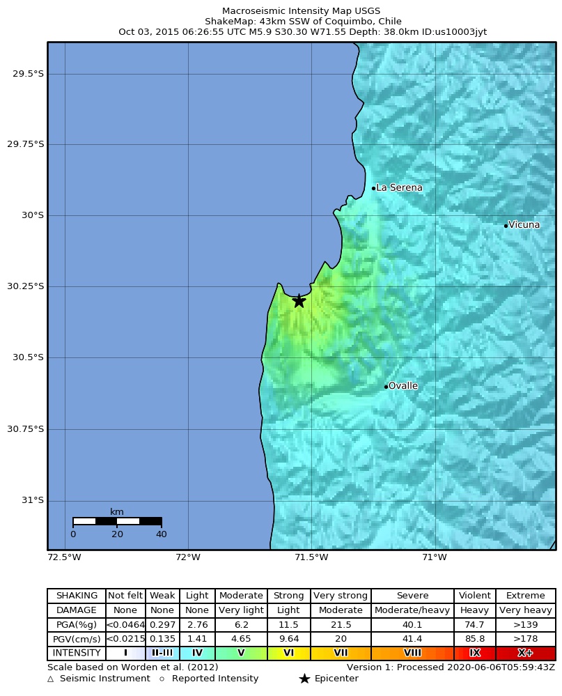 USGS ShakeMap: estimated shaking intensity around the epicenter