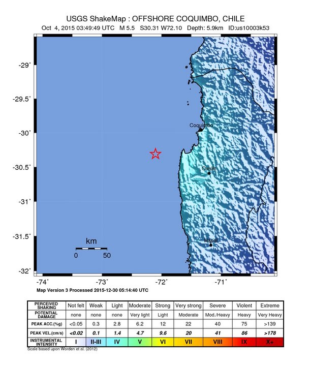 USGS ShakeMap: estimated shaking intensity around the epicenter