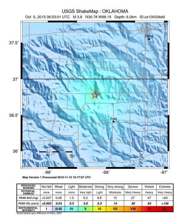 USGS ShakeMap: estimated shaking intensity around the epicenter
