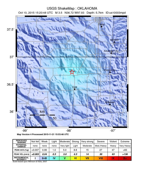 USGS ShakeMap: estimated shaking intensity around the epicenter