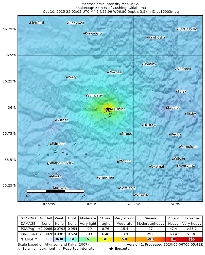 USGS ShakeMap: estimated shaking intensity around the epicenter