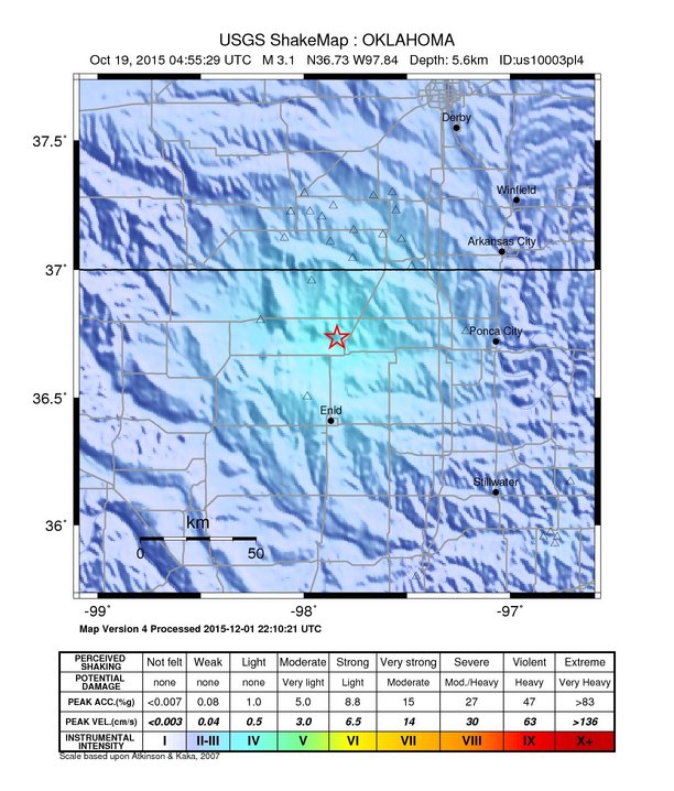 USGS ShakeMap: estimated shaking intensity around the epicenter