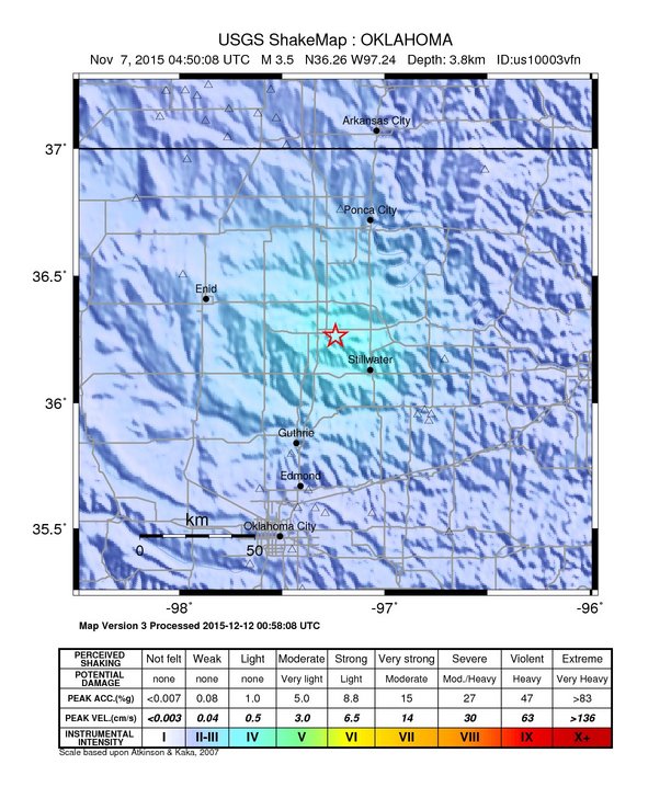 USGS ShakeMap: estimated shaking intensity around the epicenter