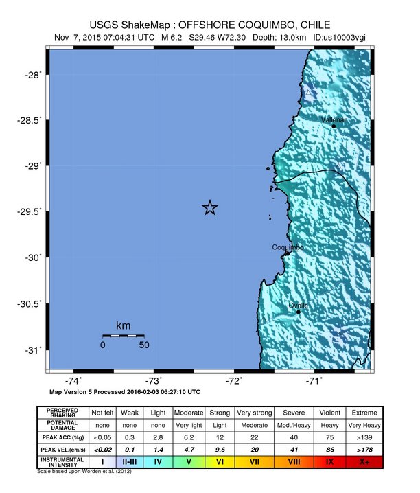 USGS ShakeMap: estimated shaking intensity around the epicenter