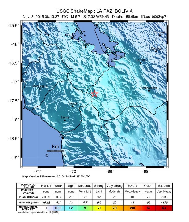 USGS ShakeMap: estimated shaking intensity around the epicenter