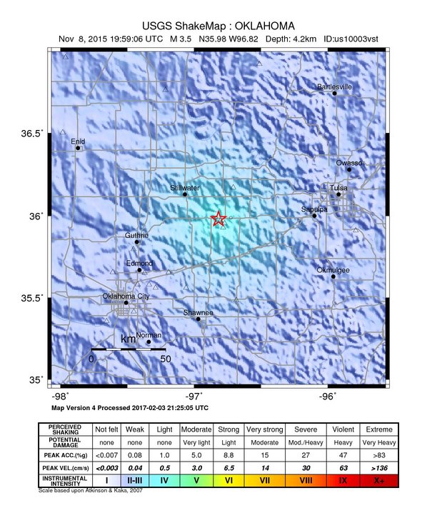 USGS ShakeMap: estimated shaking intensity around the epicenter