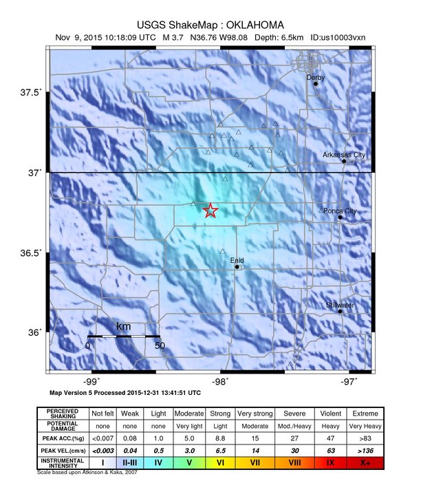 USGS ShakeMap: estimated shaking intensity around the epicenter
