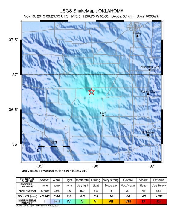 USGS ShakeMap: estimated shaking intensity around the epicenter