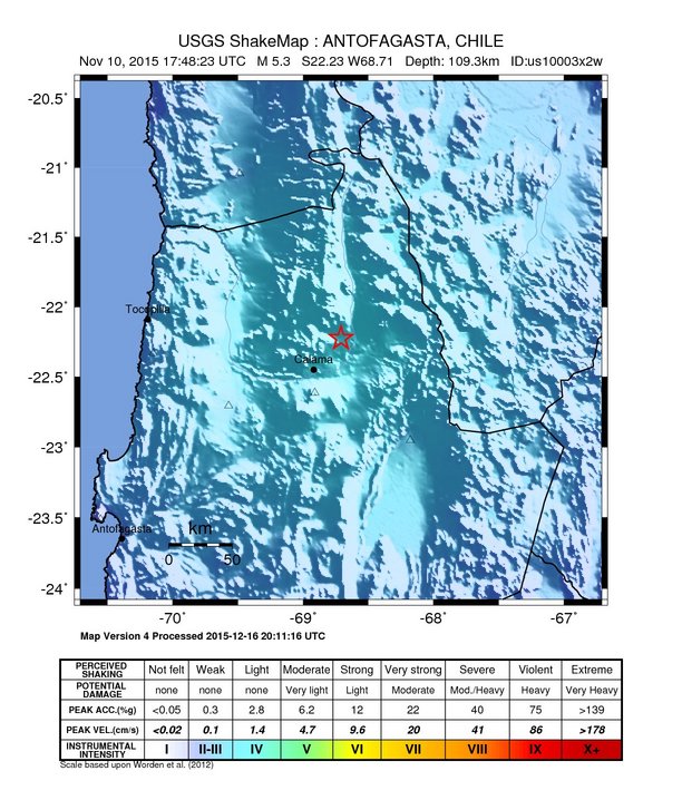 USGS ShakeMap: estimated shaking intensity around the epicenter